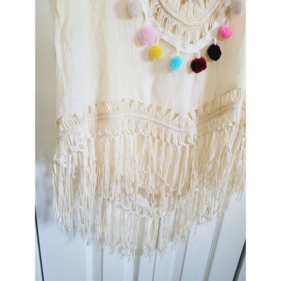 Joress M Oversized Southwest Top Hippie Pompom Low Cut Gauze Tan‎ Tassels SS - Picture 9 of 9